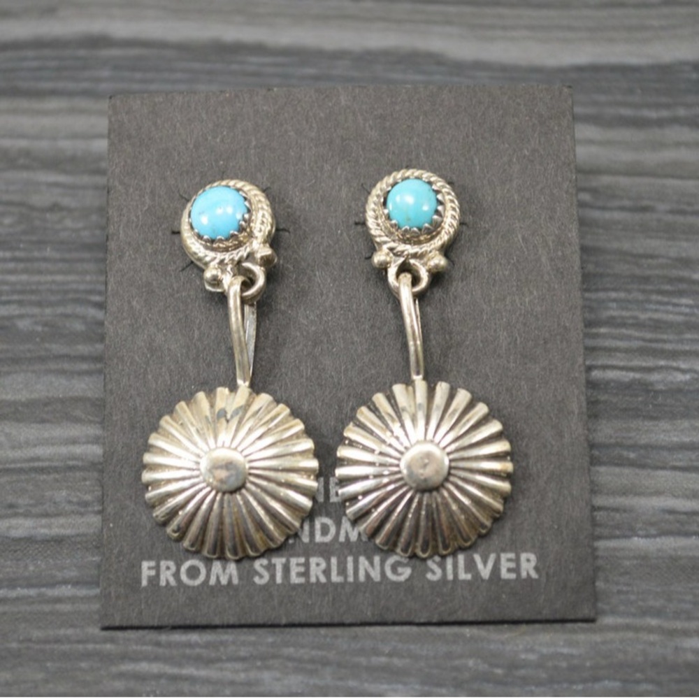 Vintage Native American turquoise sterling silver concho shield earrings